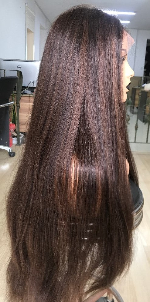 Custom Glueless Lace European Brown Mixed Color with HL Straight Human Hair Wig