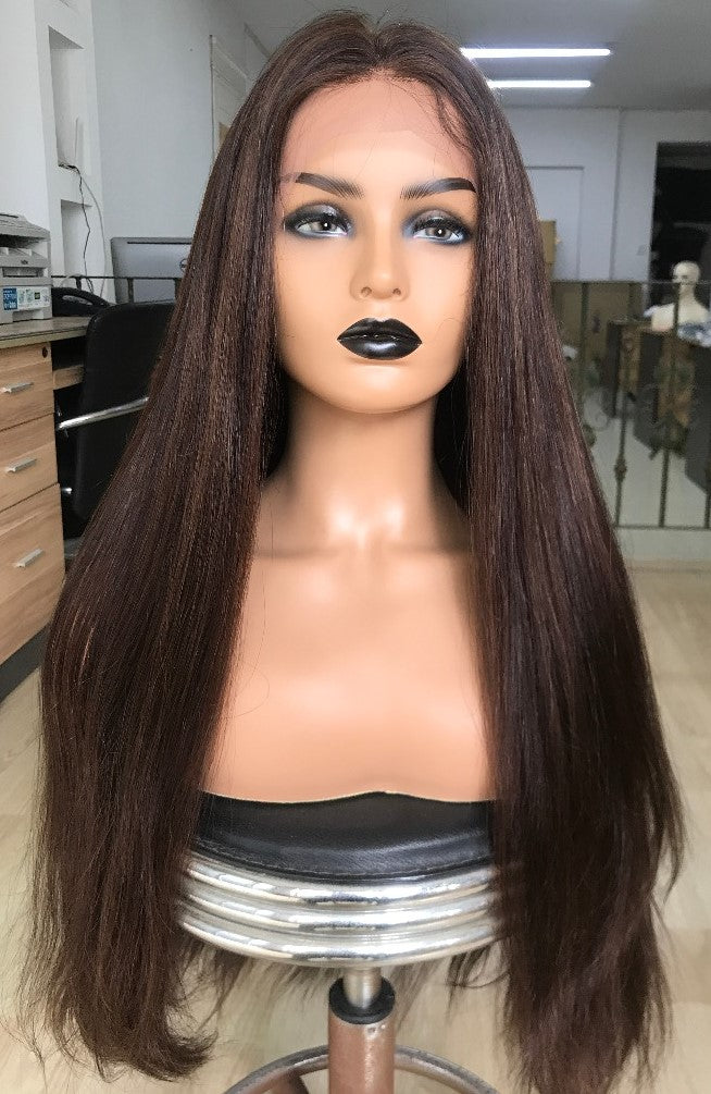 Custom Glueless Lace European Brown Mixed Color with HL Straight Human Hair Wig