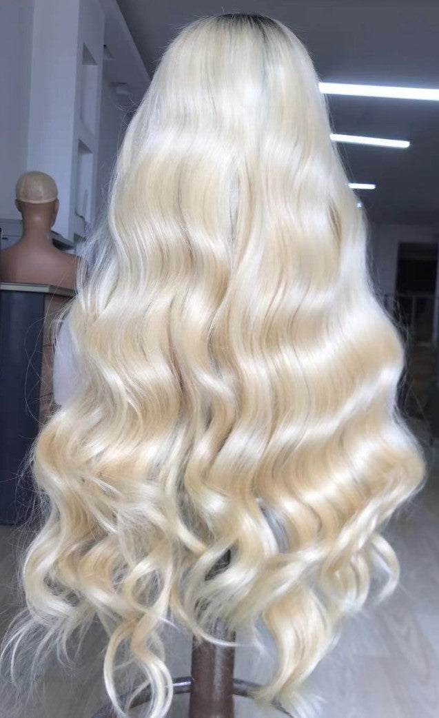 Custom Full Lace European Blonde Ombre Wavy Double Drawn Human Hair Silk Top Wig