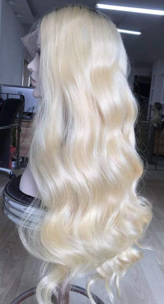 Custom Full Lace European Blonde Ombre Wavy Double Drawn Human Hair Silk Top Wig