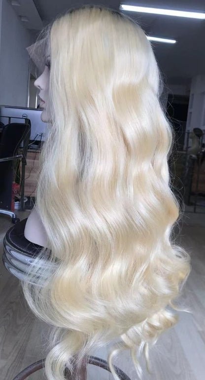 Custom Full Lace European Blonde Ombre Wavy Double Drawn Human Hair Silk Top Wig