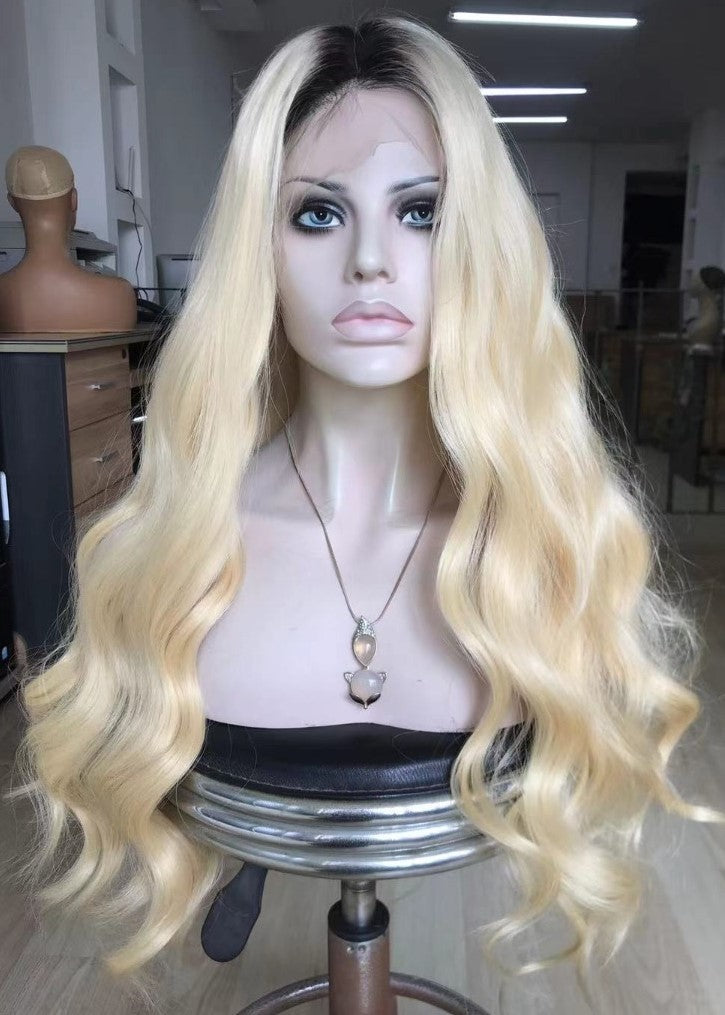 Custom Full Lace European Blonde Ombre Wavy Double Drawn Human Hair Silk Top Wig