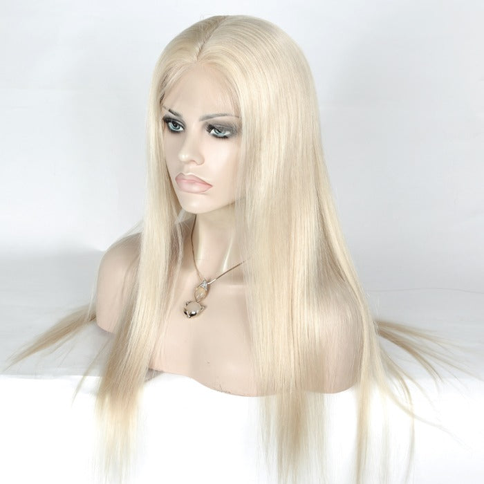 Stock Full Lace European White Blonde Straight Human Hair Silk Top Wigs