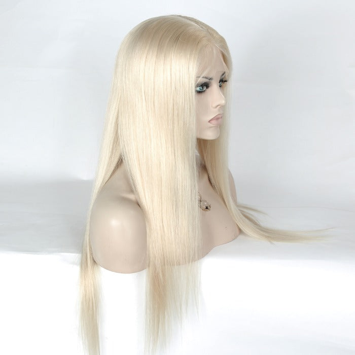 Stock Full Lace European Remy Lightest Blonde Natural Straight Human Hair Wig 16-24" 130% Silk Top 4" x 4"