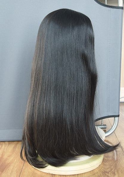 Stock European Natural Color #2 Straight Light Layer Human Hair Jüdische Perücke 26" mit Seidenoberteil