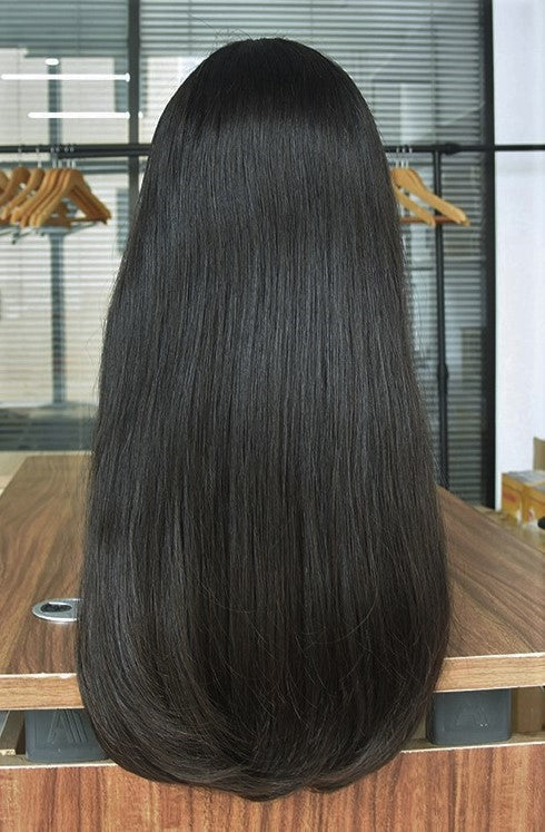 Stock European Natural Color #2 Straight Light Layer Human Hair Jüdische Perücke 26" mit Seidenoberteil