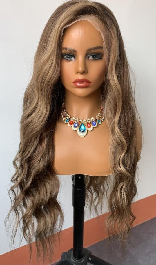 Stock Full Lace Glueless European Brown with Blonde HL Wavy Human Hair Silk Top Wig