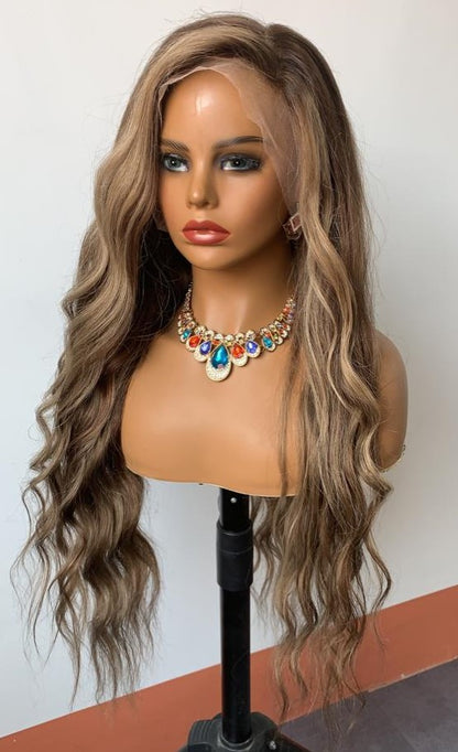 Stock Full Lace Glueless European Brown with Blonde HL Wavy Human Hair Silk Top Wig