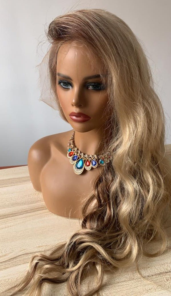 Stock Lace Front Brazilian Blonde Ombre Balayage Wavy Human Hair Wig