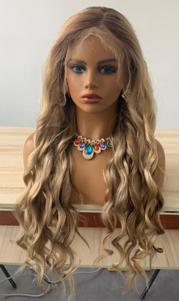 Stock Lace Front Brazilian Blonde Ombre Balayage Wavy Human Hair Wig