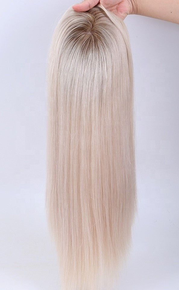 Stock European 9/Ashay White Ombre Natural Straight Double Drawn Human Hair Topper 18" med silketopp 130 % tetthet