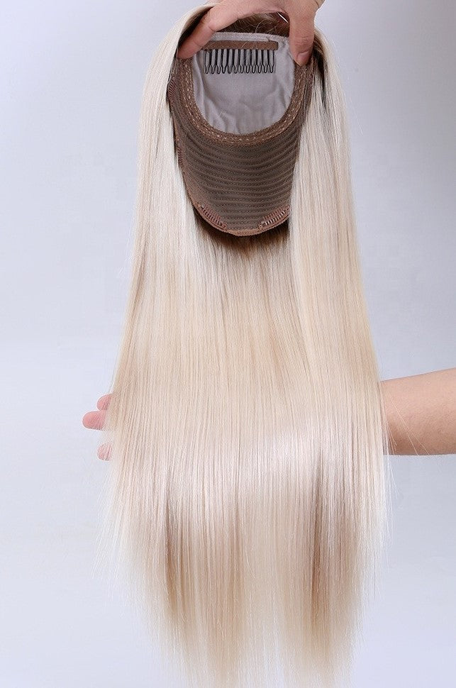 Stock European 9/Ashay White Ombre Natural Straight Double Drawn Human Hair Topper 18" med silketopp 130 % tetthet