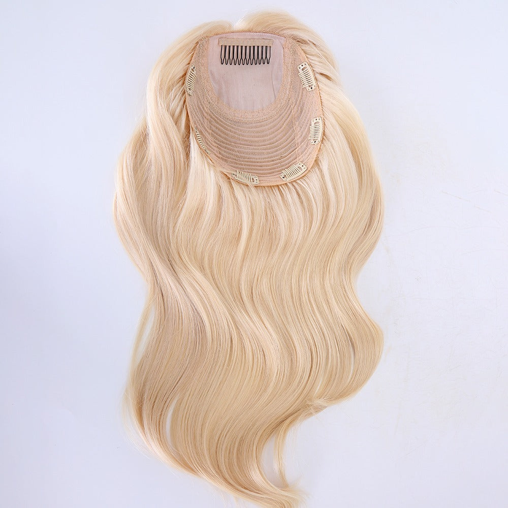 Stock European #60 Natural Straight Double Drawn Human Hair Topper 18" with Silk Top 130% Density