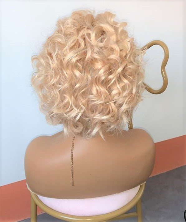 Stock Full lace Glueless European Blonde Mix Curly Human Hair Pixie Wig