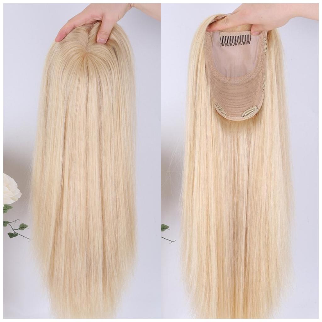 Stock Lace Front European #613 Natural Straight Double Drawn Human Hair Topper 18" med silketopp 130 % tetthet