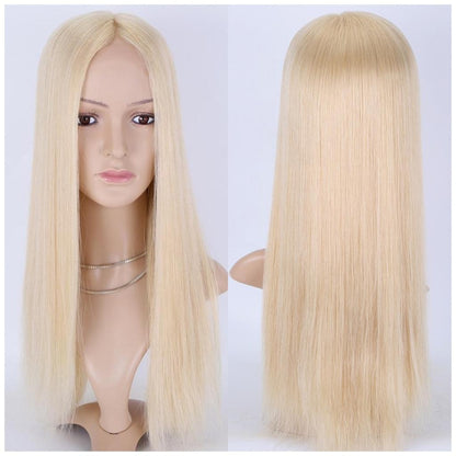 Stock Lace Front European #613 Natural Straight Double Drawn Human Hair Topper 18" med silketopp 130 % tetthet