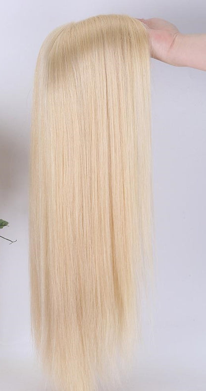 Stock Lace Front European #613 Natural Straight Double Drawn Human Hair Topper 18" med silketopp 130 % tetthet