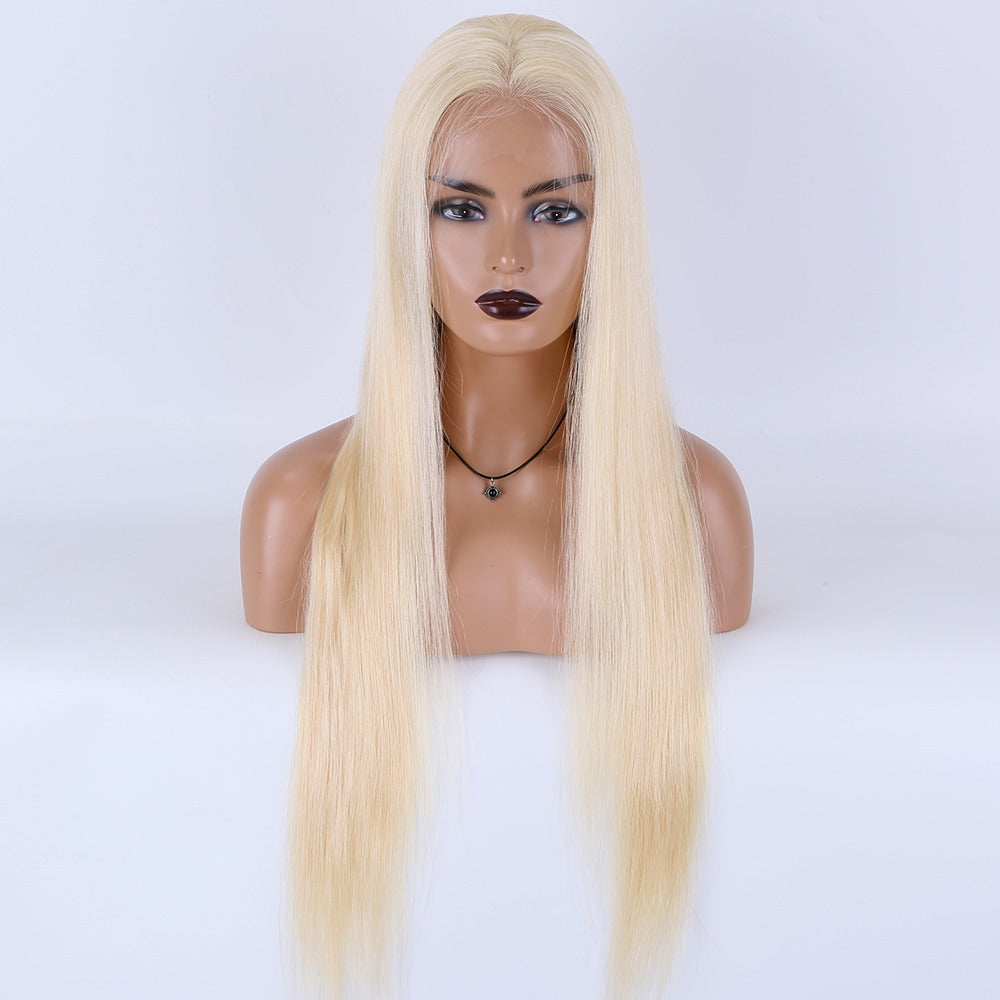 Stock Full Lace Chinese Lightest Blonde Straight Human Hair Silk Top Wigs