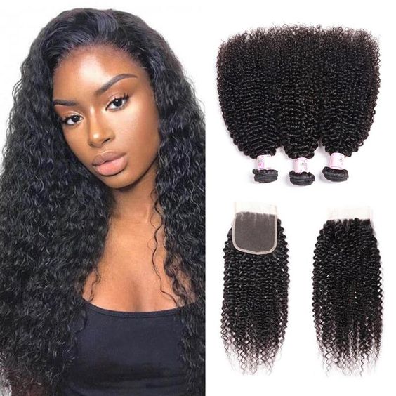 Stock 4x4 Natural Color/Natural Black Virgin Jerry Curl Human Hair HD Closures and Wefts 300 Gramm