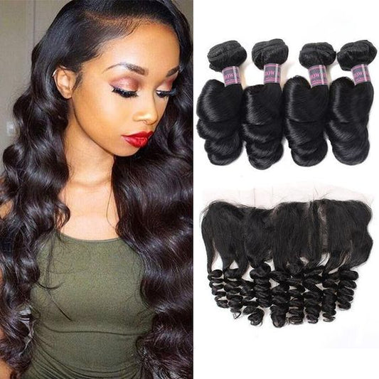 Stock Full HD Lace Natural Color/Natural Black Virgin Loose Small Wave Human Hair Frontals 150% Density and Wefts 300 grams