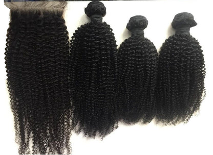 Stock Natural Color/Natural Black Kinky Curl Virgin Human Hair HD Closures and Wefts 300 grams