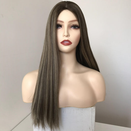 Stock European Brown with Blonde HL Straight Layer Human Hair Jewish Wig