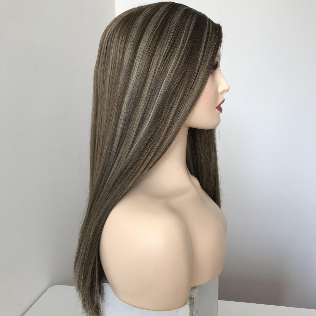 Stock European Brown with Blonde HL Straight Layer Human Hair Jewish Wig