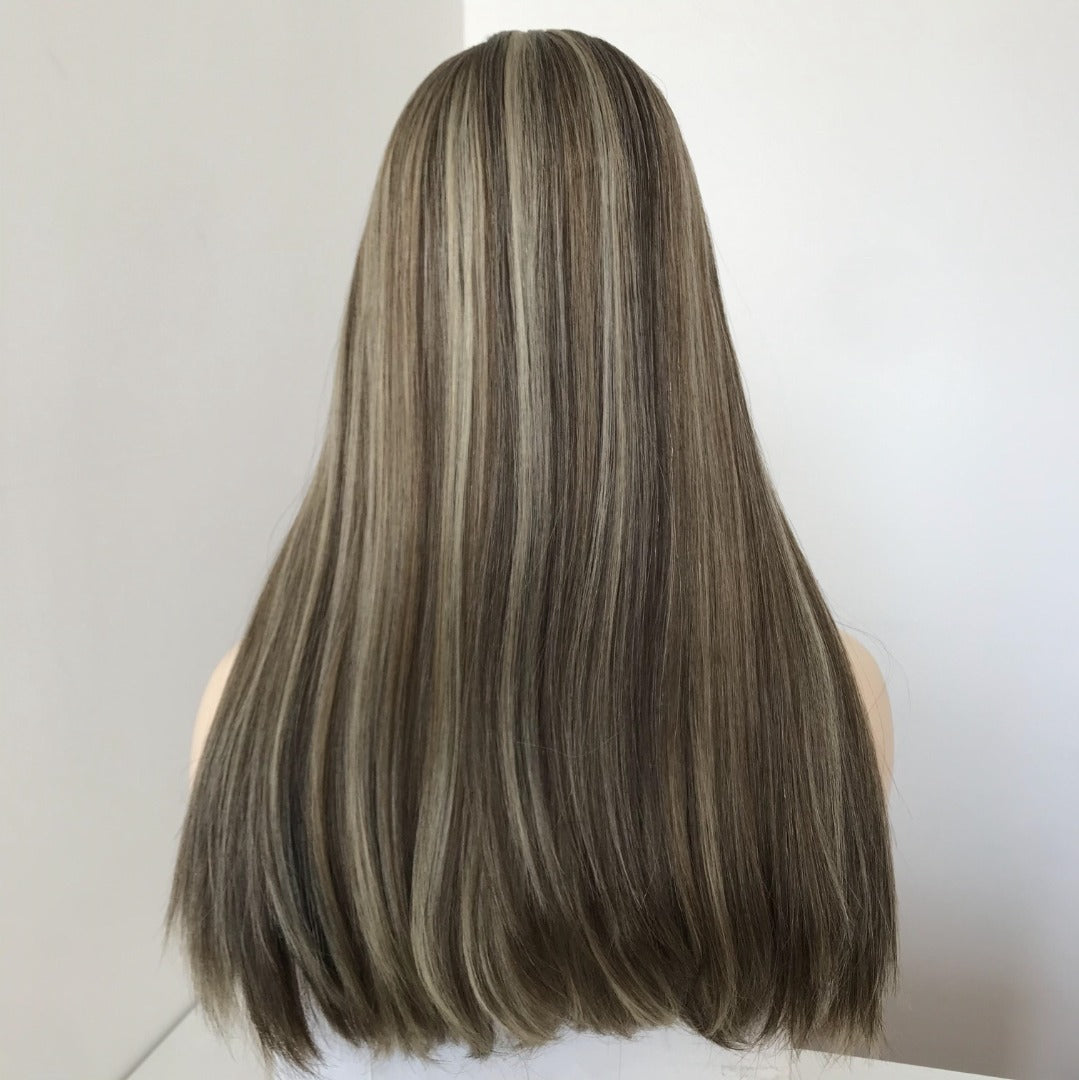 Stock European Brown with Blonde HL Straight Layer Human Hair Jewish Wig