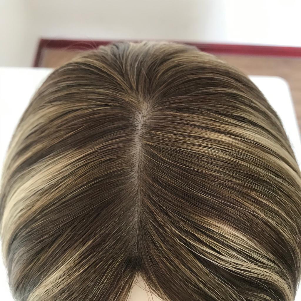 Stock European Brown with Blonde HL Straight Layer Human Hair Jewish Wig