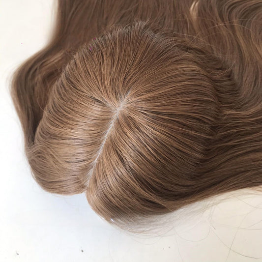 Stock European Noa # Color Natural Straight Double Drawn Human Hair Topper 16" with Silk Top 130% Density