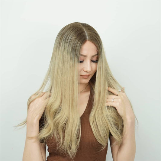 Stock Silk Top European Rooted Blonde Ombre Straight Layer Human Hair Jewish Wigs