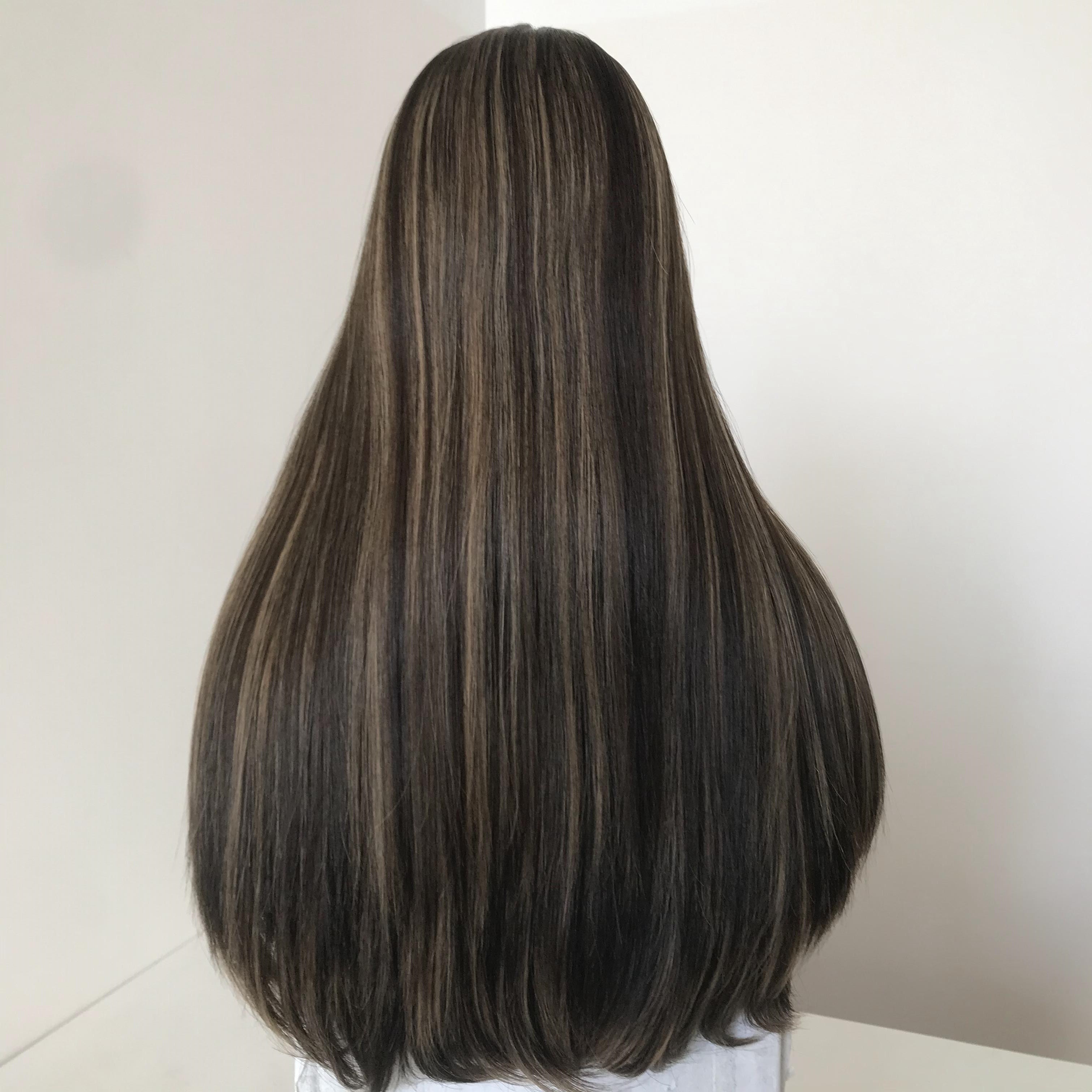Stock European Chocolate with HL Straight Small Layer Silk Top Jewish Wig