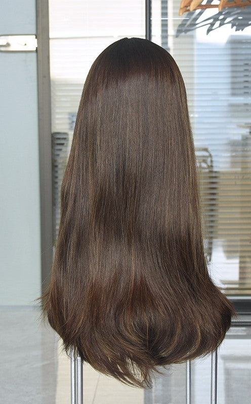 Stock European Brown Blend with HL Straight Slight Layer Silk Top Jewish Wigs