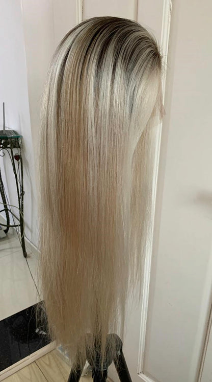 Custom Full Lace European Platinum Balayage Straight Human Hair Wig