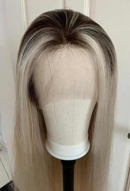 Custom Full Lace European Platinum Balayage Straight Human Hair Wig