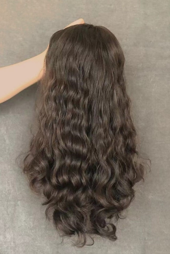 Stock European Brown Blend Wavy No Layer Human Hair Topper 16" with Silk Top 130% Density