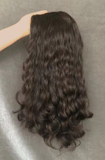 Stock European Brown Blend Wavy No Layer Human Hair Topper 16" with Silk Top 130% Density