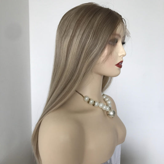 Stock Lace Top European Blonde Ombe with Ash HL Straight Layer Jewish Wig