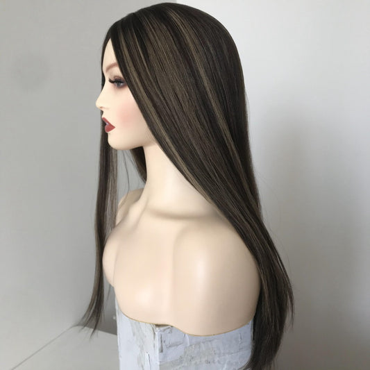 Stock European Chocolate with HL Straight Slight Layer Human Hair Silk Top Jewish Wigs