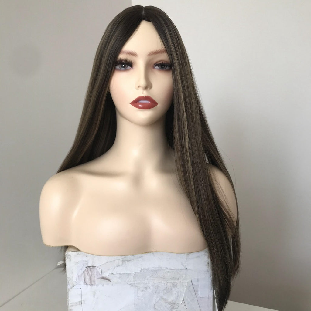 Stock European Chocolate with HL Straight Slight Layer Human Hair Silk Top Jewish Wigs