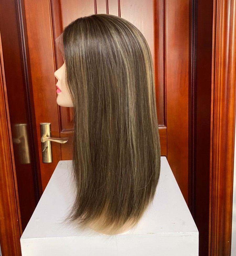 Stock Lace Top European Brown Blend with HL Bob Layer Human Hair Jewish Wigs