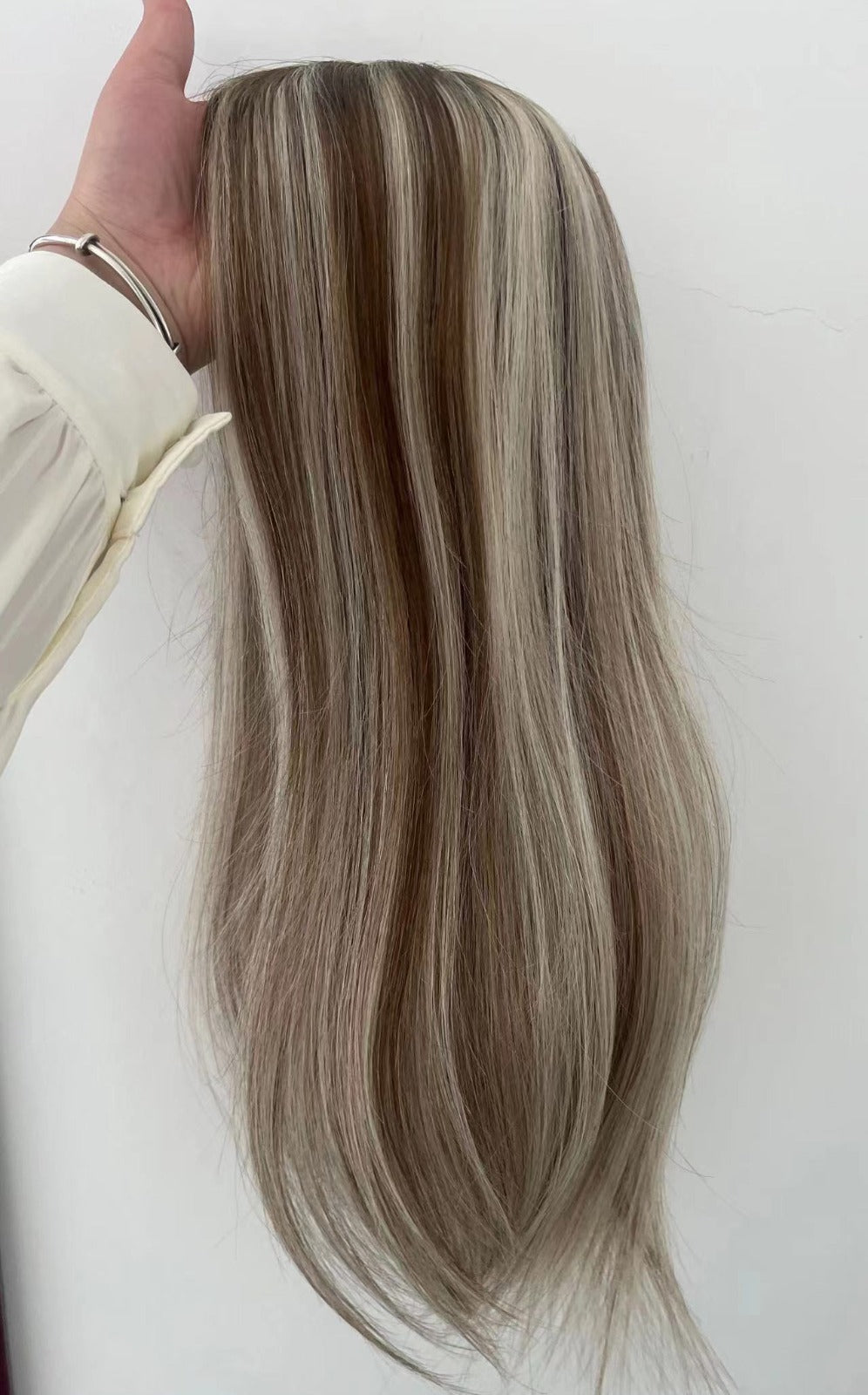 מלאי אירופאי #T7/לבן מעורב T7/60 Ombre Natural Straight כפול מצוייר טופ שיער אדם 18 אינץ' עם טופ משי 130% צפיפות