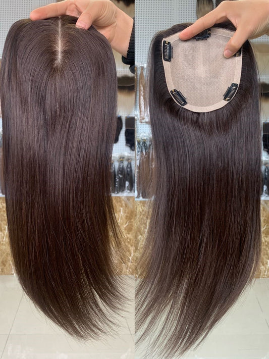 Stock European Regrrow Brown Balayage Natural Straight Double Drawn Human Hair Topper 18" with Silk Top 130% Density