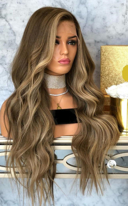 Custom Full Lace European Brown Balayage Straight/Wavy Human Hair Silk Top Wig