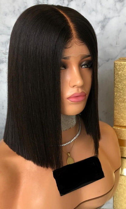 Lace Front Brazilian Natural Color Straight Blunt Cut Bob Fake Scalp Wig