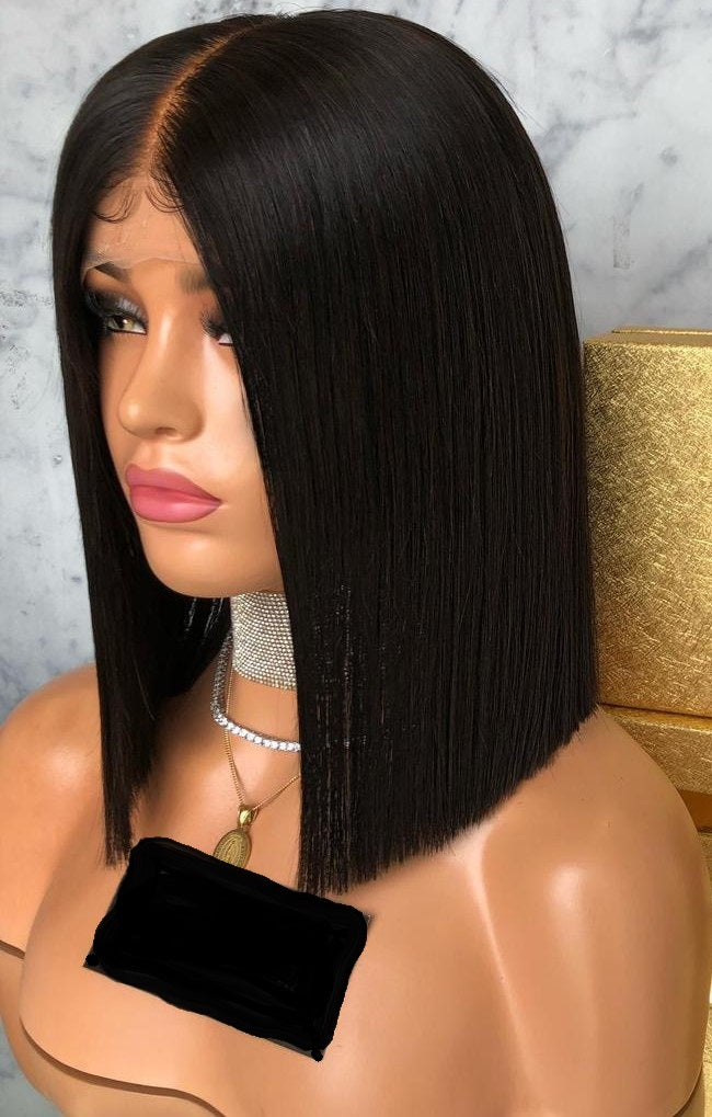 Lace Front Brazilian Natural Color Straight Blunt Cut Bob Fake Scalp Wig