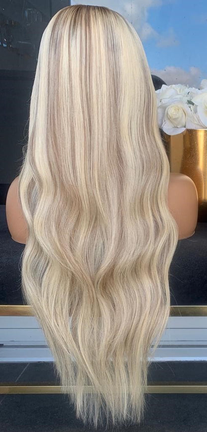 Custom Full Lace European Blonde Balayage Wavy Double Drawn Human Hair Wig