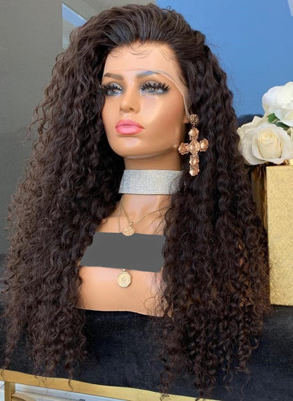 Benutzerdefinierte volle Spitze leimlose malaysische natürliche Farbe Kinky Curl Echthaarperücke 26" 180% Dichte