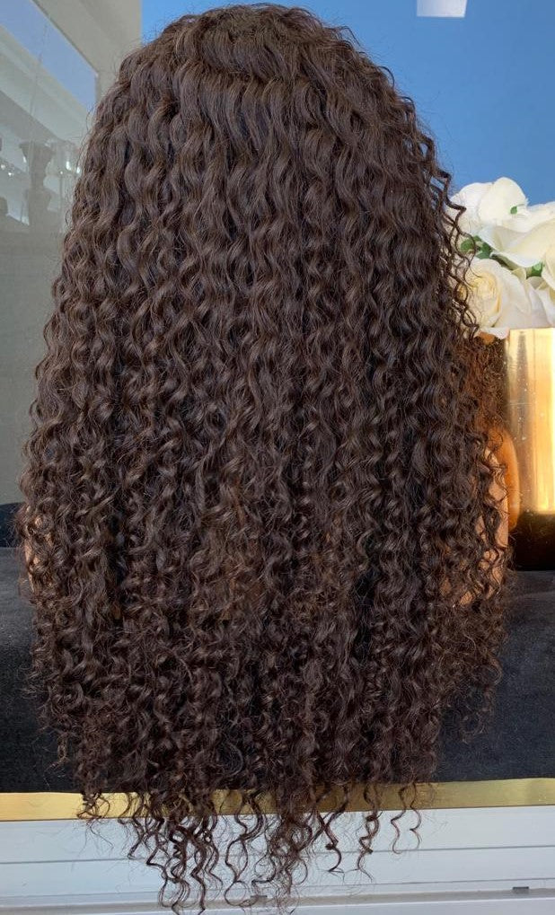 Benutzerdefinierte volle Spitze leimlose malaysische natürliche Farbe Kinky Curl Echthaarperücke 26" 180% Dichte