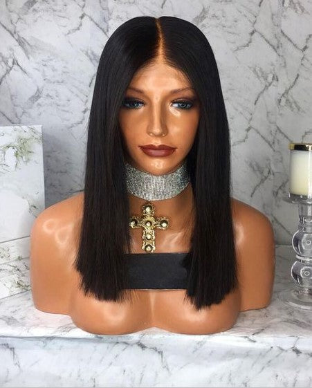 Lace Front Brazilian Natural Color Straight Blunt Cut Bob Fake Scalp Wig